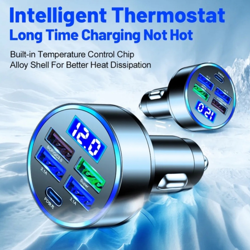 150W USB Car Charger 5 Ports Type C Fast Charging PD QC3.0 USB C Car Phone